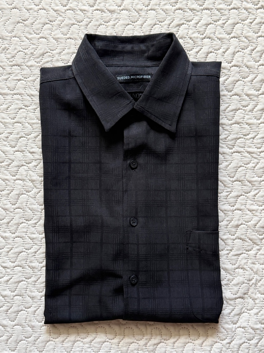 Bruno Men’s Large Black Sueded Microfiber Button Up Tonal Plaid Dress Shirt